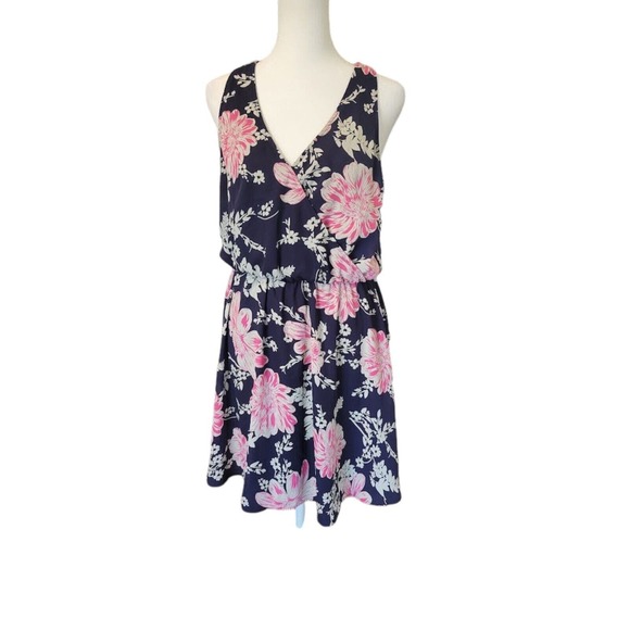 Lush Mini Blue Pink Floral Sleeveless Skater Dress V-Neck Key Hole Back Sz L - Picture 1 of 8
